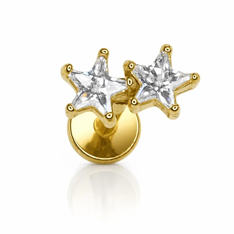 Cerrahi Çelik İki Yıldız Taşlı Labret Piercing — gold