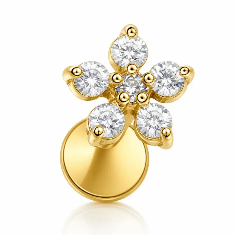 Cerrahi Çelik Beş Taşlı Çiçek Labret Piercing — gold