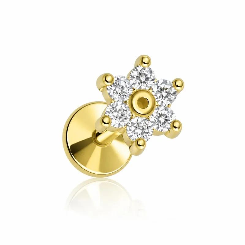 Cerrahi Çelik Yuvarlak Taşlı Çiçek Labret Piercing — gold