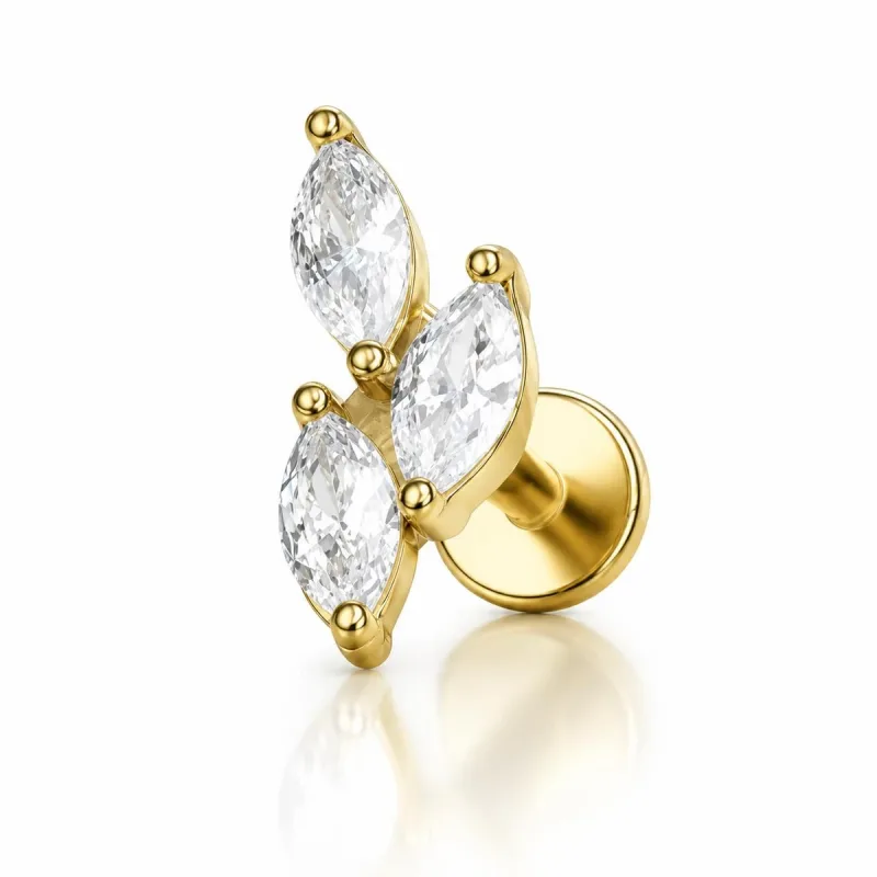Cerrahi Çelik Üçlü Marquise Taşlı Labret Piercing — gold