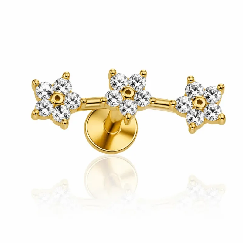 Cerrahi Çelik Üç Çiçekli Kavisli Bar Labret Piercing — gold