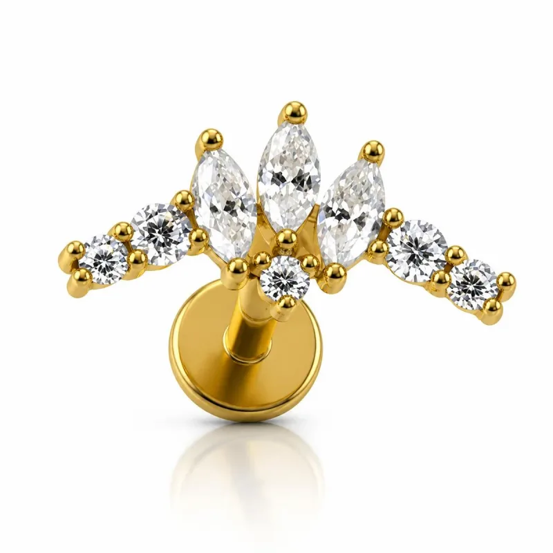 Cerrahi Çelik Marquise ve Yuvarlak Taşlı Taç Labret Piercing — gold